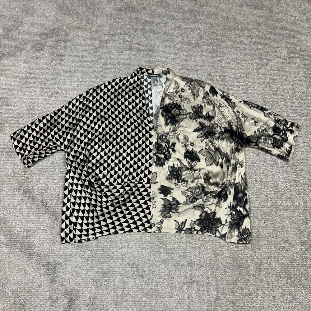 Alembika Blouse Women Large Floral Draped Sleeve Top Satin Black Beige Oversized